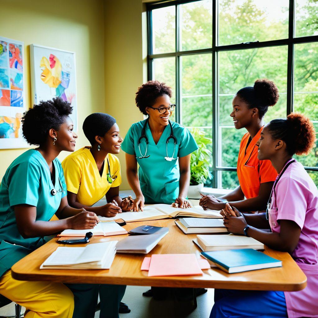 A vibrant and dynamic scene depicting a group of diverse female physicians in colorful scrubs, engaged in a lively discussion around a table filled with health-related books and equipment. Each physician showcases individual eccentric styles, reflecting their unique personalities. The background features inspirational health posters and a large window with sunlight streaming in, symbolizing empowerment and dedication to women's health. lush greenery outside adds a refreshing touch. vibrant colors. super-realistic.