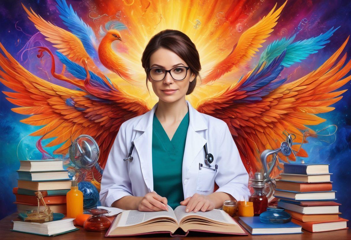 A wise female doctor surrounded by books and medical tools, radiating confidence and knowledge, with an abstract background of vibrant swirling colors symbolizing unconventional wisdom. Include symbols of empowerment, such as a phoenix rising and diverse women in conversation. The atmosphere should feel inspiring and enlightening, reflecting the essence of empowerment and expertise. vibrant colors. super-realistic.